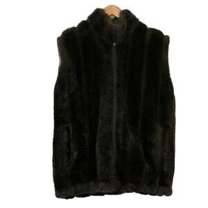 VTG Norm Thompson Black Faux Fur Sleeveless Vest Full Zip Up Lined Size Large